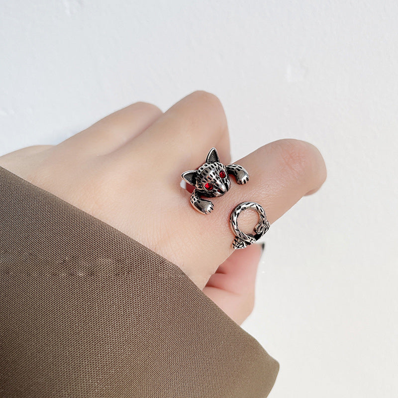 Fashion Retro Cat Thai Silver Punk Personality Ring