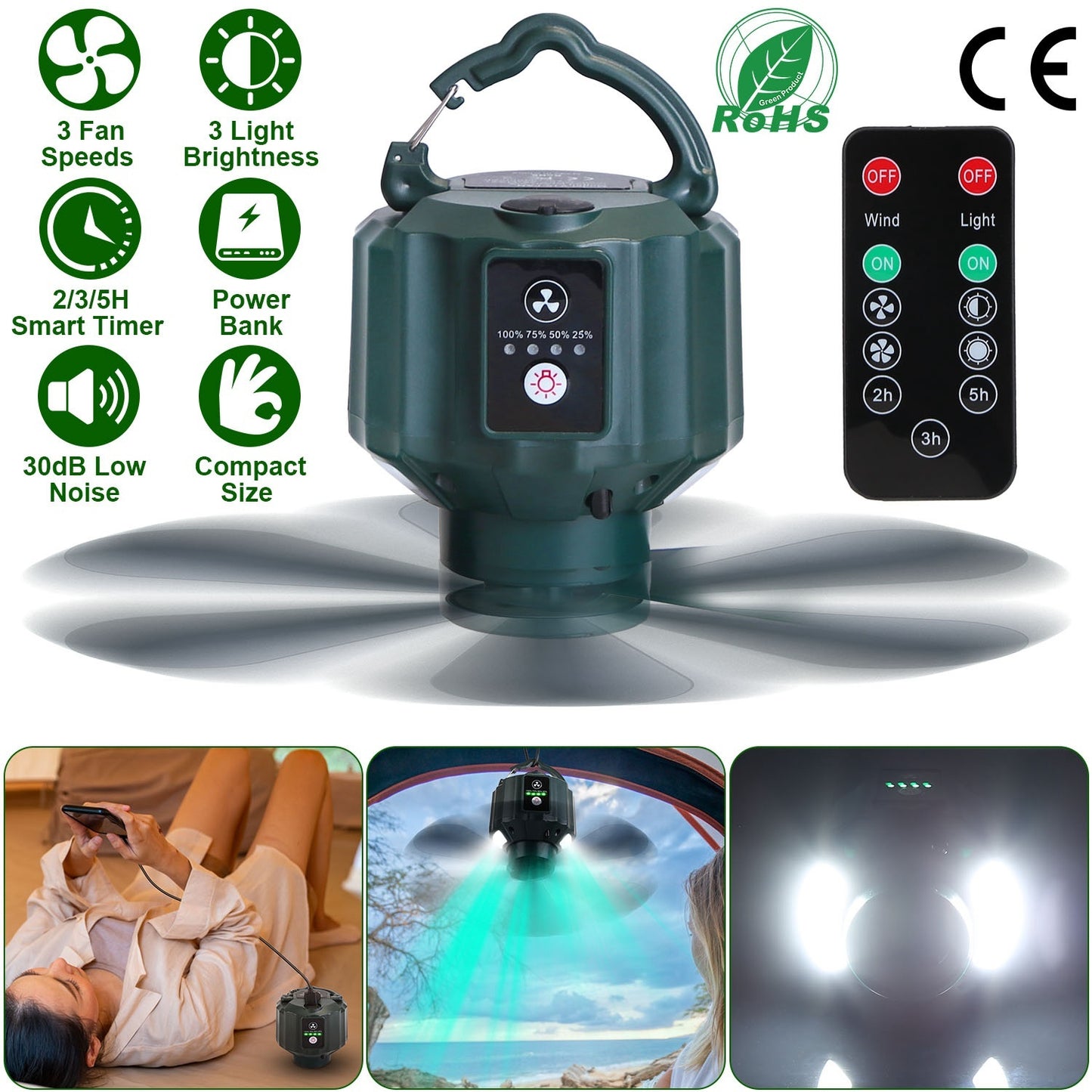 Portable Camping Ceiling LED Fan 10400mAh USB Battery Powered Hanging Tent Lantern Fan Power Bank With 3 Fan Speed 3 Light Brightness Smart Timer Remote Control