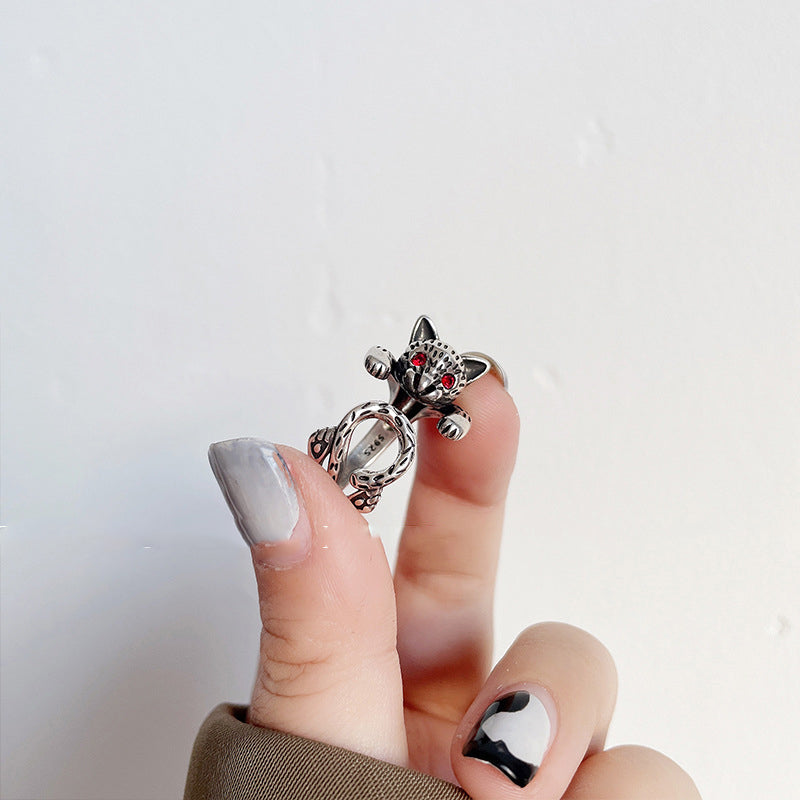 Fashion Retro Cat Thai Silver Punk Personality Ring