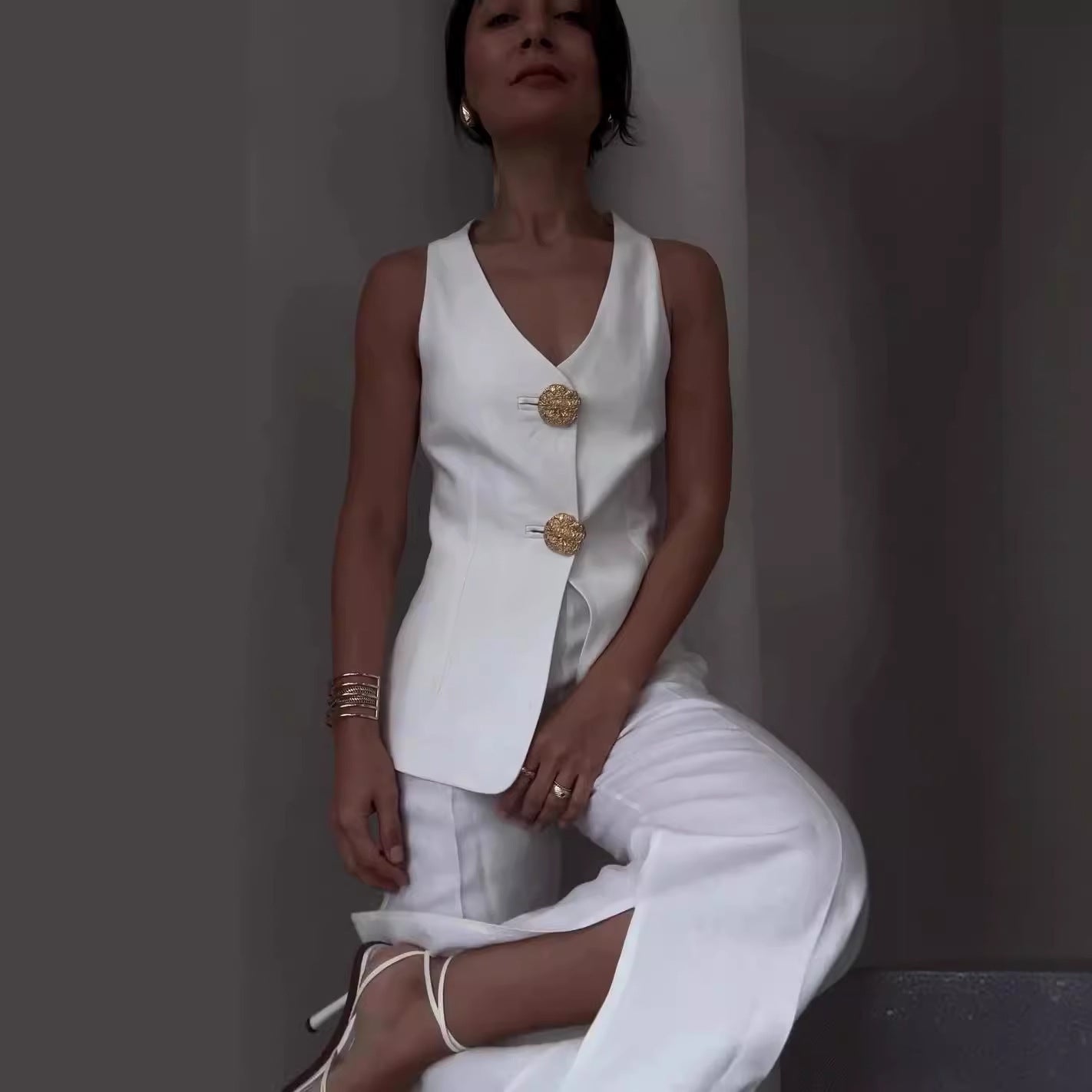 Summer New European And American Solid Color Sleeveless Slim Fit Vest Suit Pant Suit