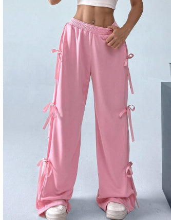 Elastic Waist Solid Color Bow Lace Up Casual Straight-leg Pants