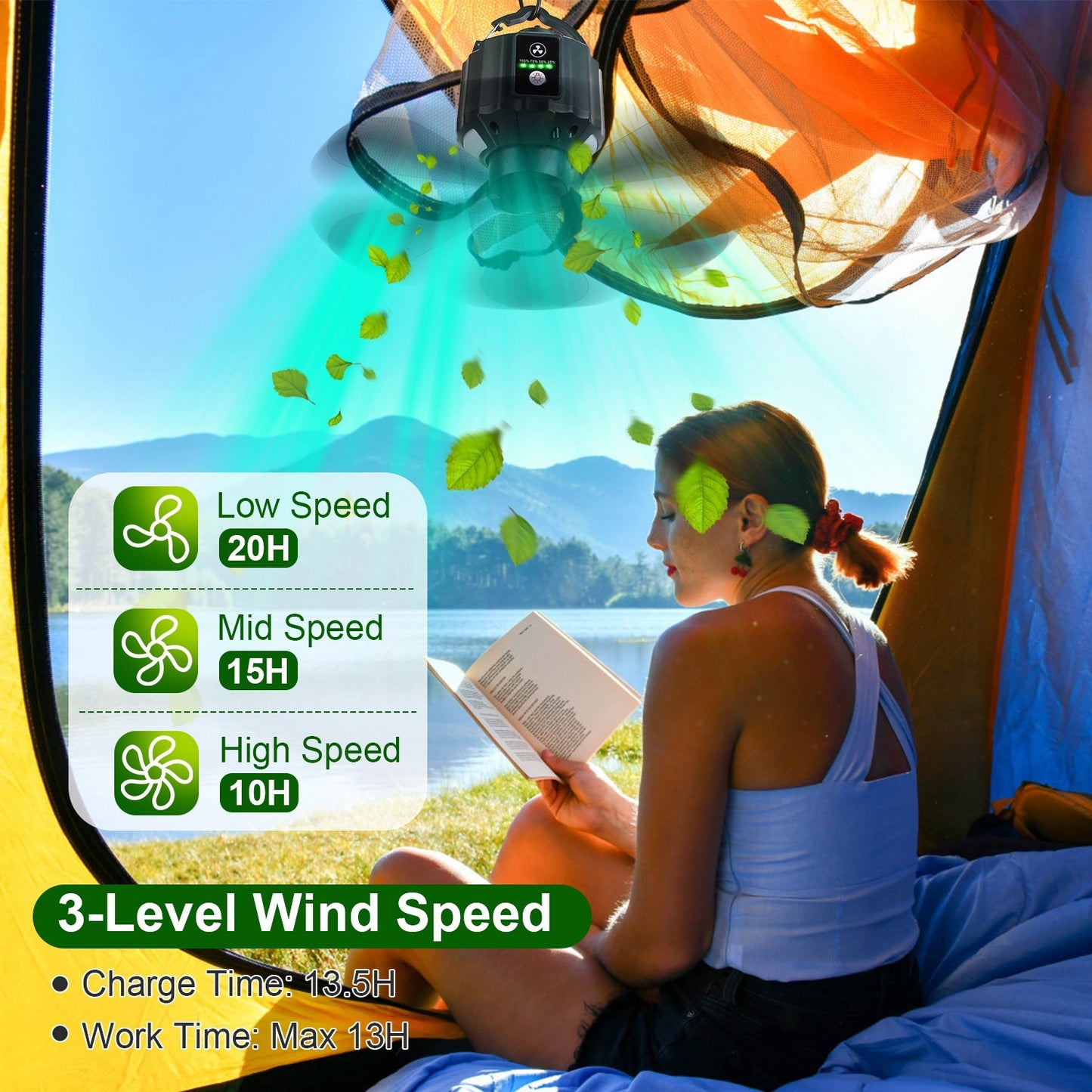 Portable Camping Ceiling LED Fan 10400mAh USB Battery Powered Hanging Tent Lantern Fan Power Bank With 3 Fan Speed 3 Light Brightness Smart Timer Remote Control