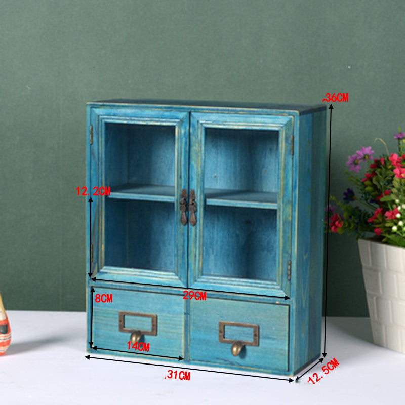 Retro Wooden Glass Door Storage Box Cosmetic Cabinet