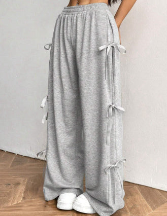 Elastic Waist Solid Color Bow Lace Up Casual Straight-leg Pants
