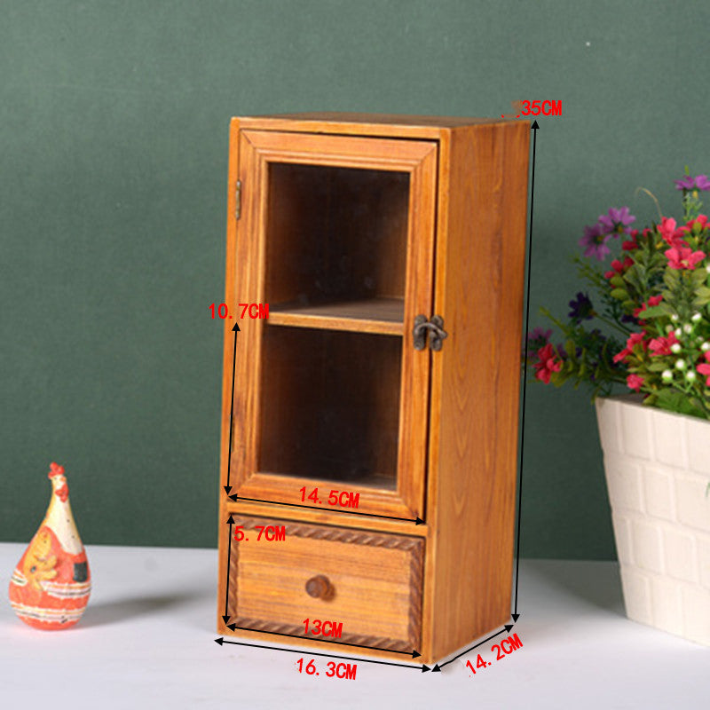Retro Wooden Glass Door Storage Box Cosmetic Cabinet