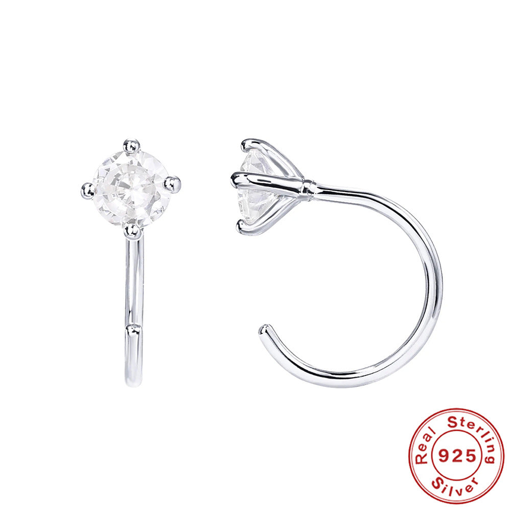 S925 Sterling Silver Four Claws Inlaid Diamond Ear Hanging Earrings Piercing Earrings Europe And The United States Hot INS Creative Paragraph C-shaped Earrings Female